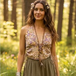 Social Scene Boho Floral Halter Top Large Retro 70s Hippie Festival Summer